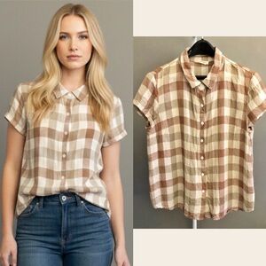 Earthy Beige & Brown Plaid Pattern Short Sleeves Casual Button Down Shirt Blouse